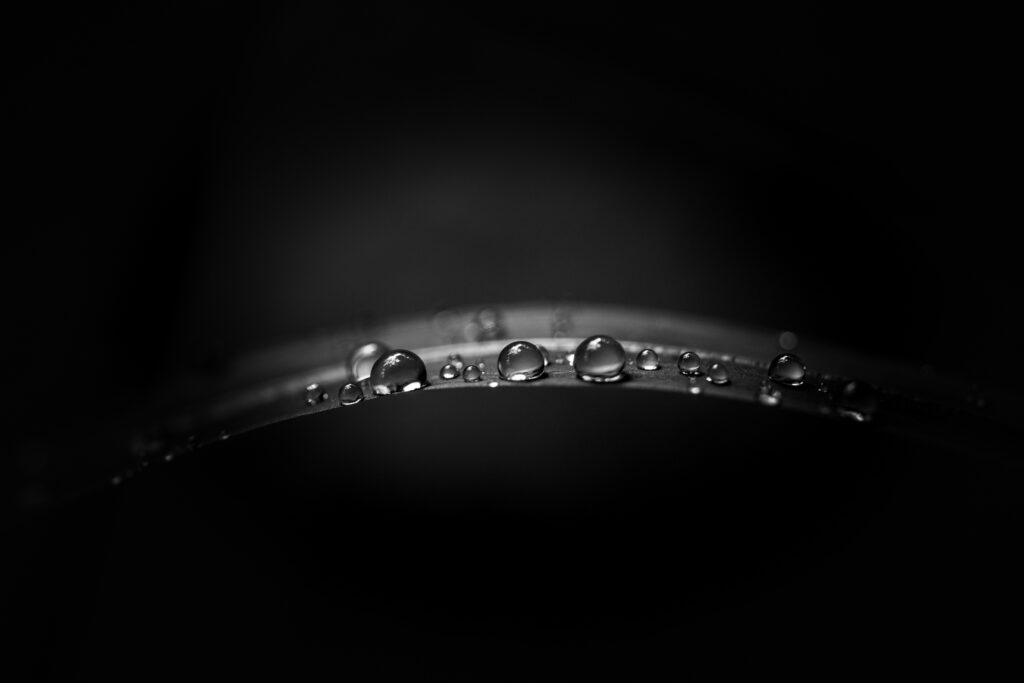 Gouttes de rosée alignées sur un brin d'herbe en noir et blanc, photographie macro en édition limitée – revameditee